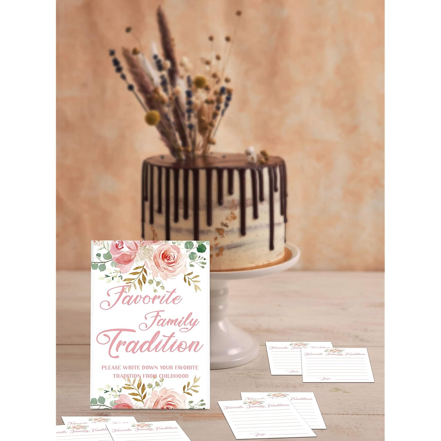 Baby Shower Game Set, Favorite Family Tradition, Floral Party Games(1 Standing Sign + 20 Note Cards), Blush Pink Baby Shower/Gender Reveal Party/Bridal Shower/Wedding Favor Decorations(A02)