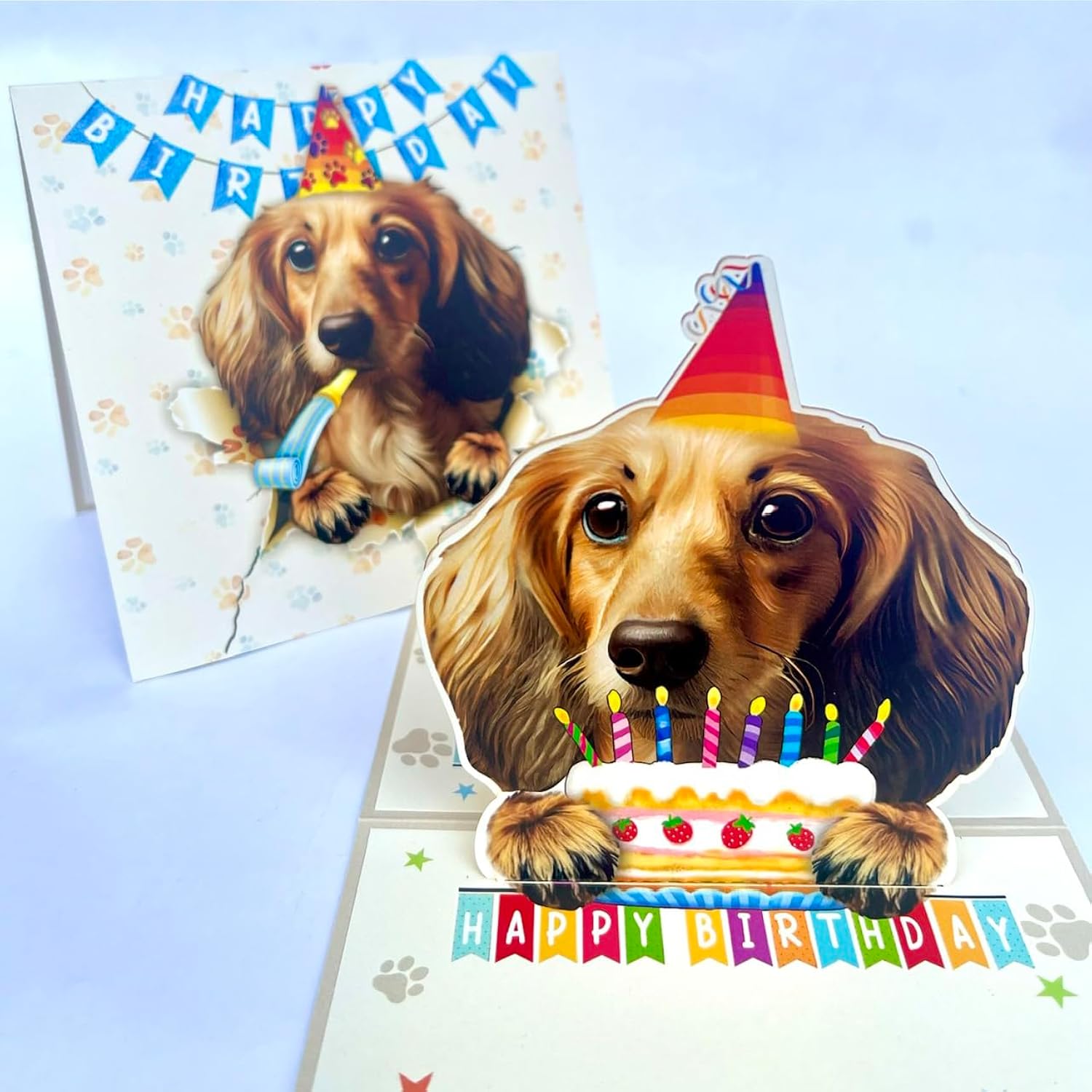 3D Pop-Up Long Haired Dachshund Dog Birthday Card - Dachshund Dog With Cake Celebration, Whimsical Happy Birthday Greeting For Dachshund Dog Lovers - Dachshund Dog 3D Birthday Pop Up Card