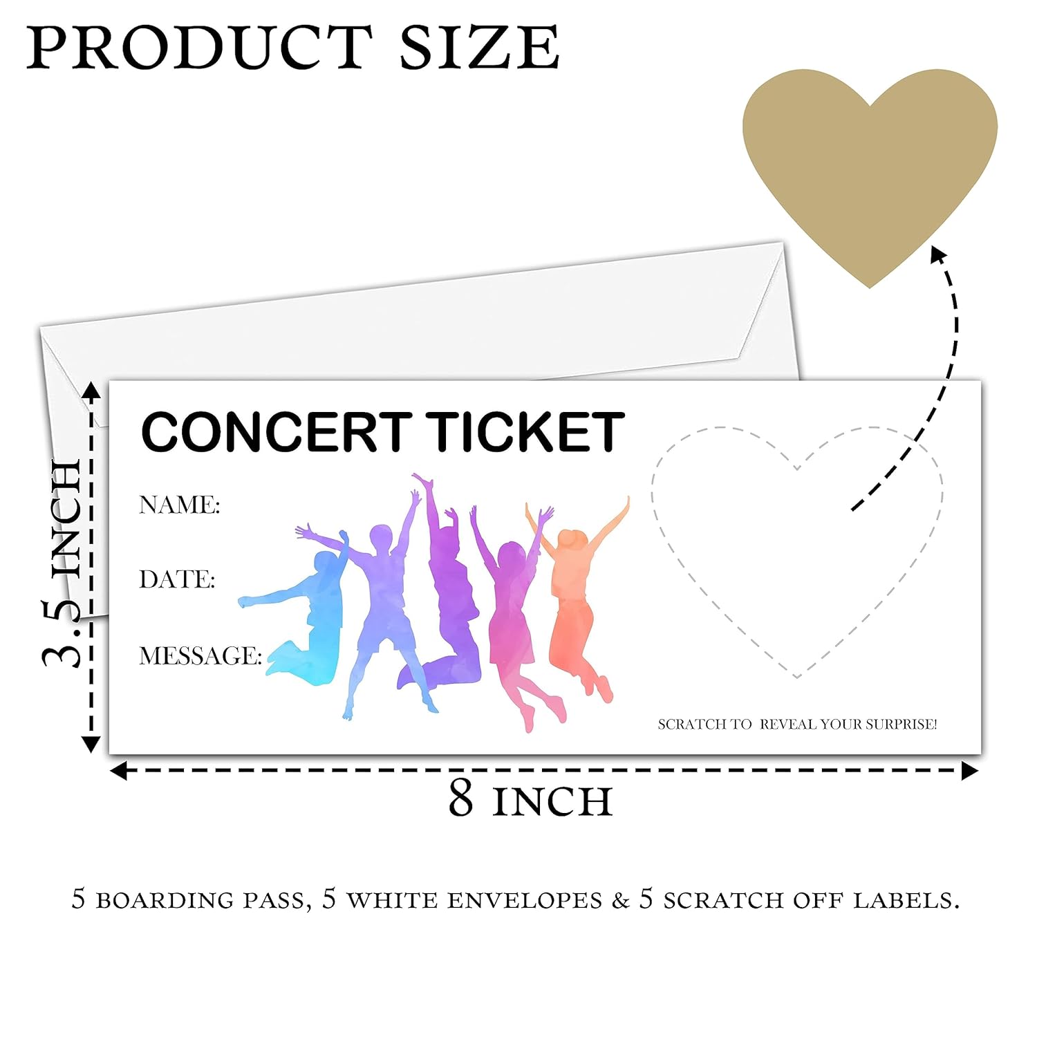 Concert Ticket Scratch Reveal Card?5 Set Make Your Own Diy Gig Ticket, Surprise Reveal Card Gift For Holiday, Christmas, Wedding, Birthday, Anniversary, Party Supply(3.5"X8" Gold)-C012