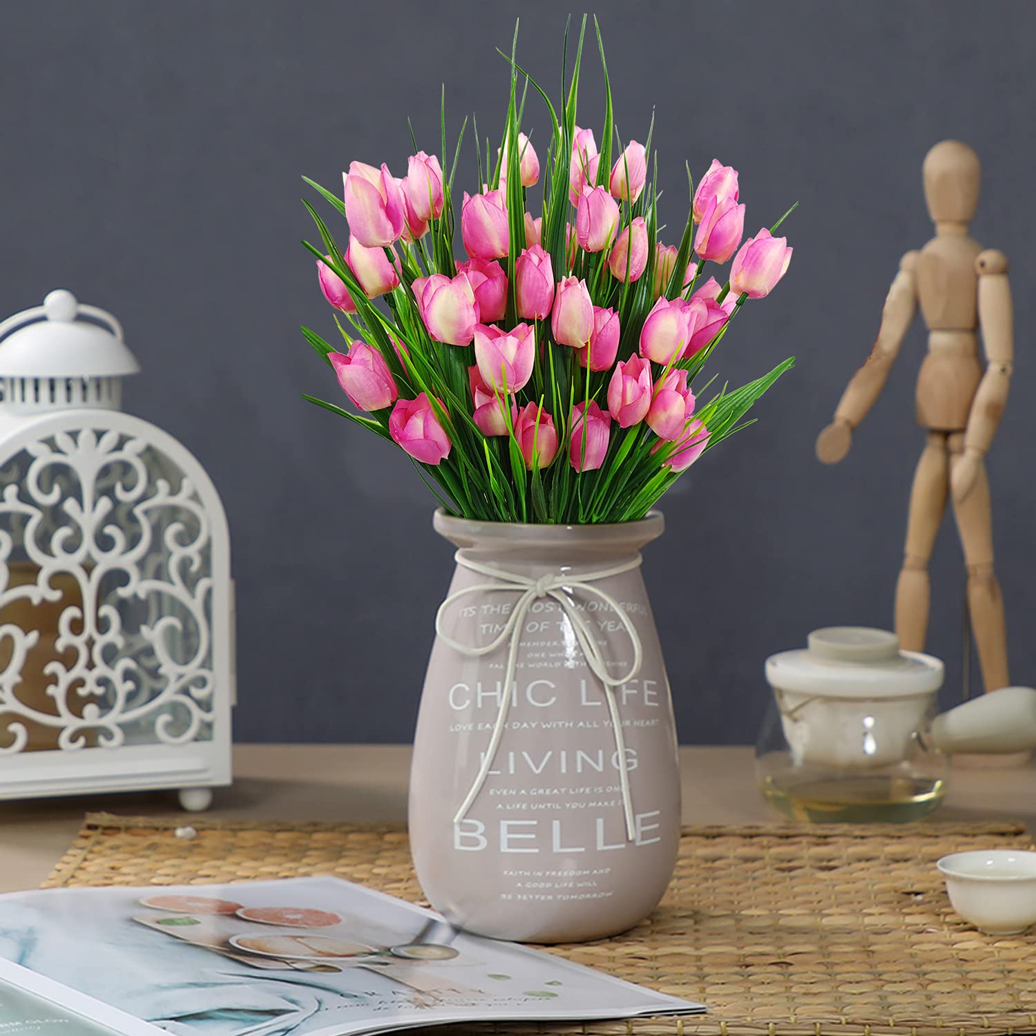 8 Bundles Outdoor Artificial Tulips Fake Flowers Uv Resistant Faux Plastic Greenery Shrubs Plants For Home Outside Garden Porch Window Farmhouse Decor (Light Pink)
