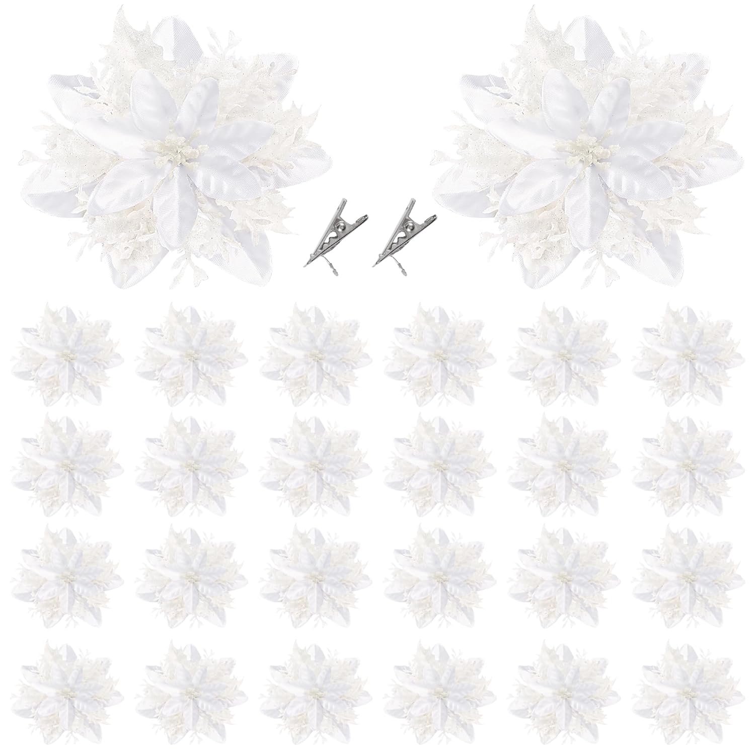24 Pcs Christmas Glitter Poinsettia Flowers Christmas Tree Ornaments Artificial Christmas Flowers Decorations With Clips For Xmas Holiday Wedding Wreath Party Floral Decorations (White)