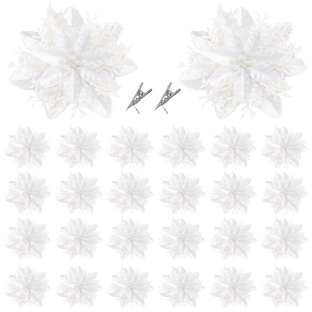 24 Pcs Christmas Glitter Poinsettia Flowers Christmas Tree Ornaments Artificial Christmas Flowers Decorations With Clips For Xmas Holiday Wedding Wreath Party Floral Decorations (White)