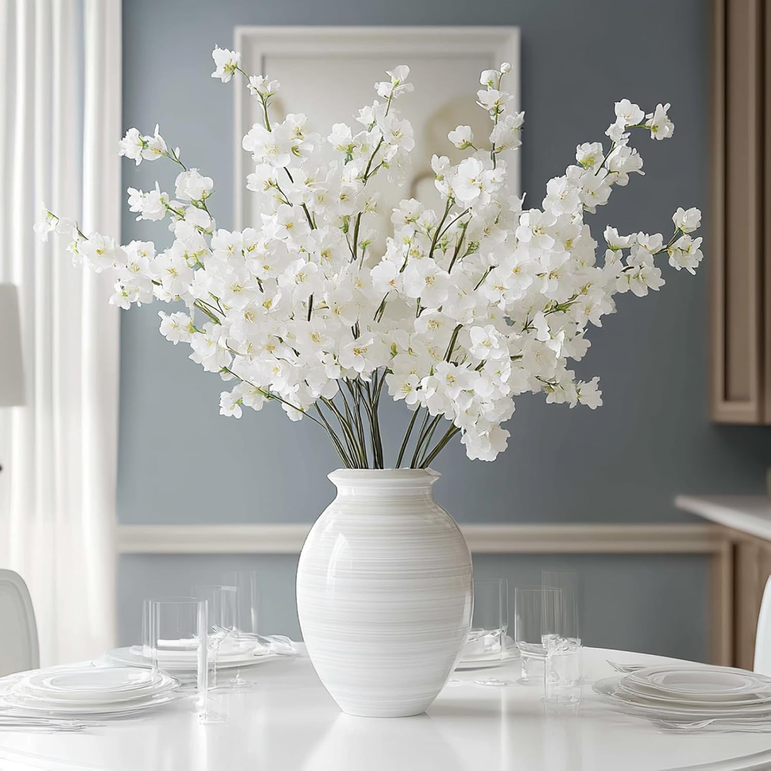 6 Pcs Artificial Spring Cherry Blossoms In Cream Silk Cherry Blossom Branches 43 Inch Long Stem Faux Tree Stems Bouquet Bulk Flowers Vase Arrangements For Home Decor(White,Mixed)
