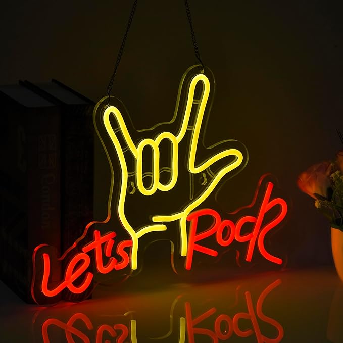 Let’s Rock Hand Neon Sign LED Dimmable USB Wall Light for Bar Man Cave Garage Decor