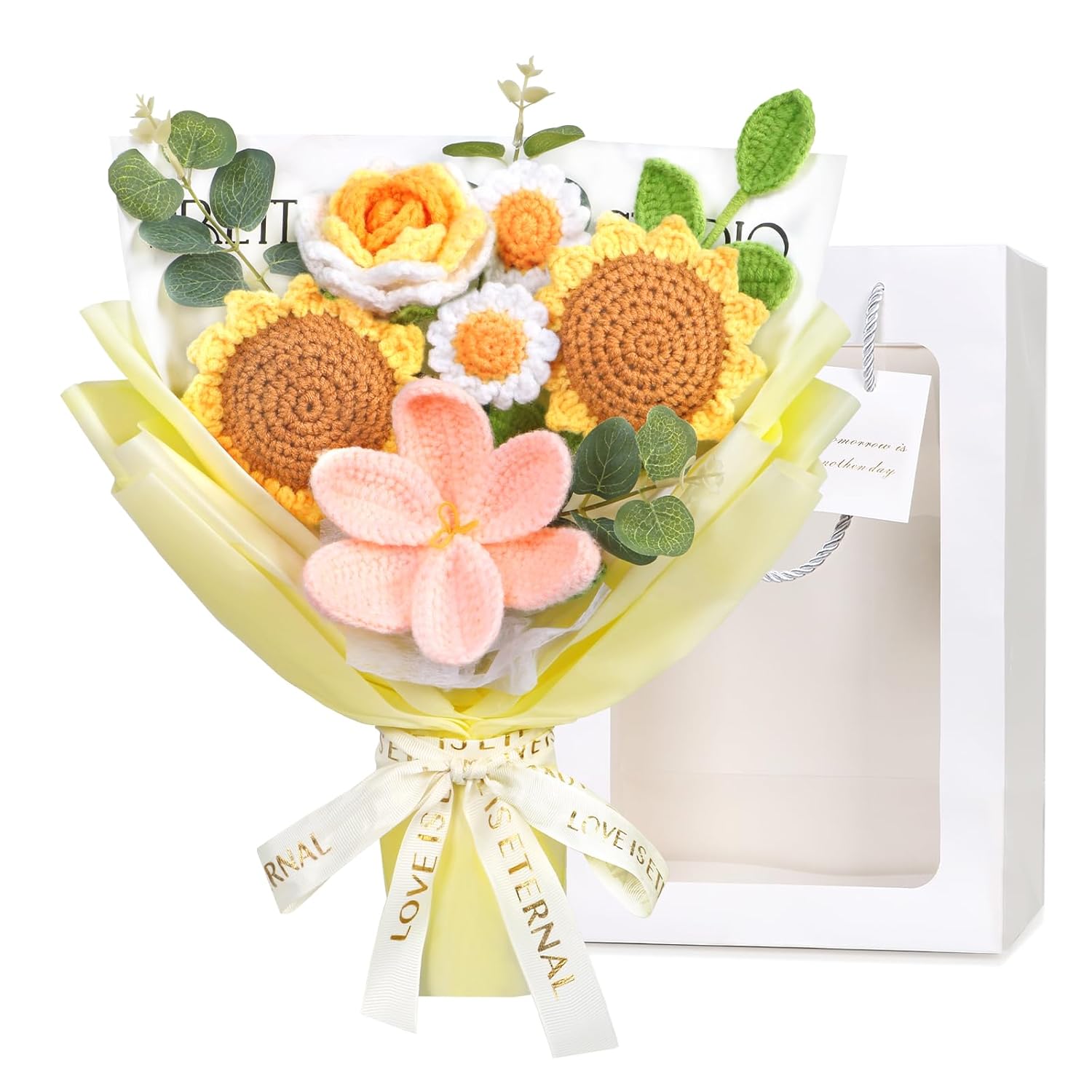 Crochet Flower Bouquet, Handmade Knitted Flowers Crochet Sunflower Finished Bouquet Gift For Her Valentines Day Anniversary Birthday Mother’S Day Women Lover Friends(Yellow)