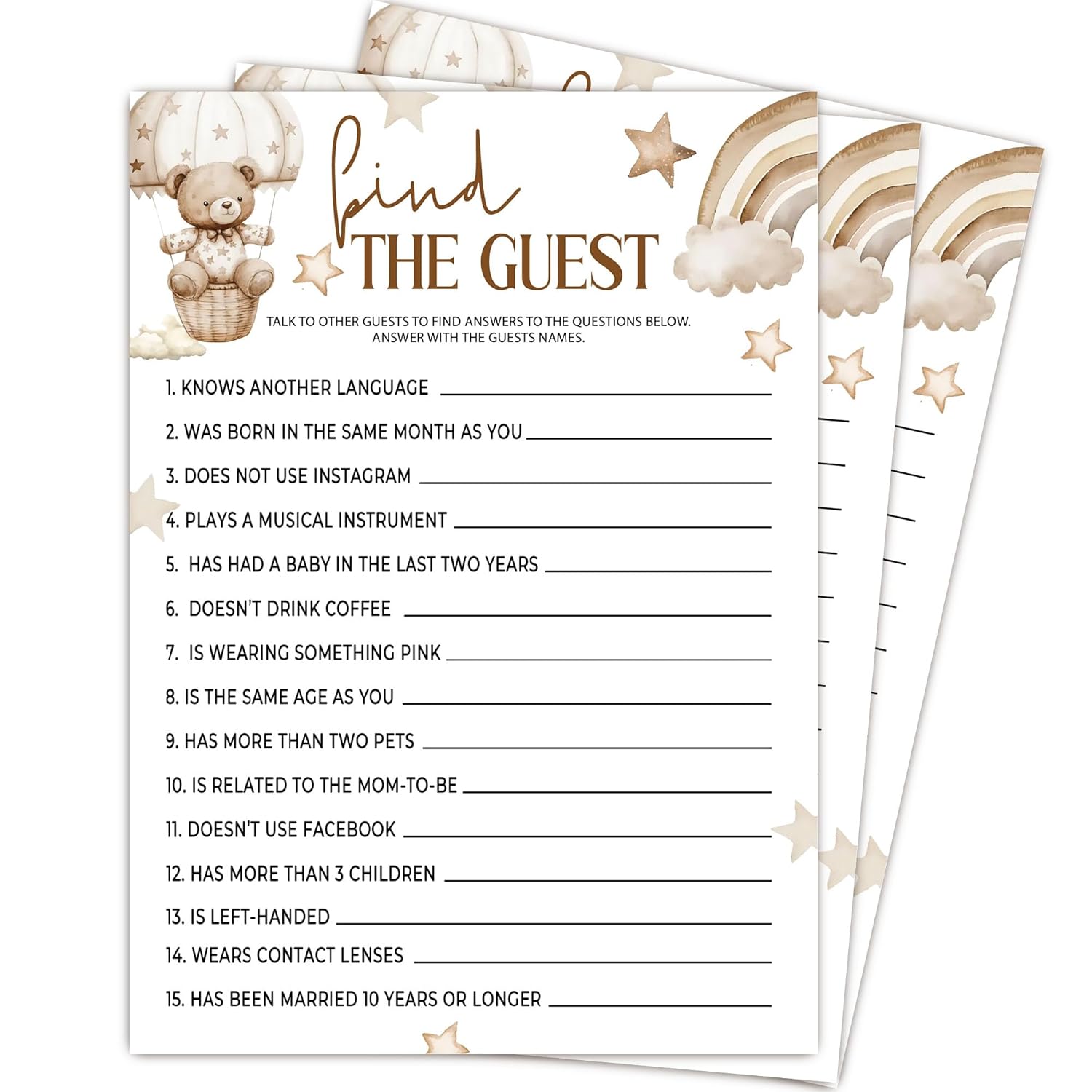 Find The Guest Games, 5X7 Inch Funny Baby Shower Games Cards, 25 Gender Neutral Cards, Cute Brown Bear Print, Gender Reveal Party Favor & Supplies, Baby Shower Decoration-B11