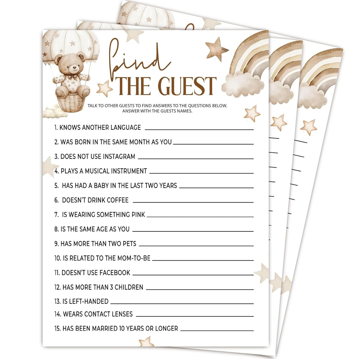 Find The Guest Games, 5X7 Inch Funny Baby Shower Games Cards, 25 Gender Neutral Cards, Cute Brown Bear Print, Gender Reveal Party Favor & Supplies, Baby Shower Decoration-B11