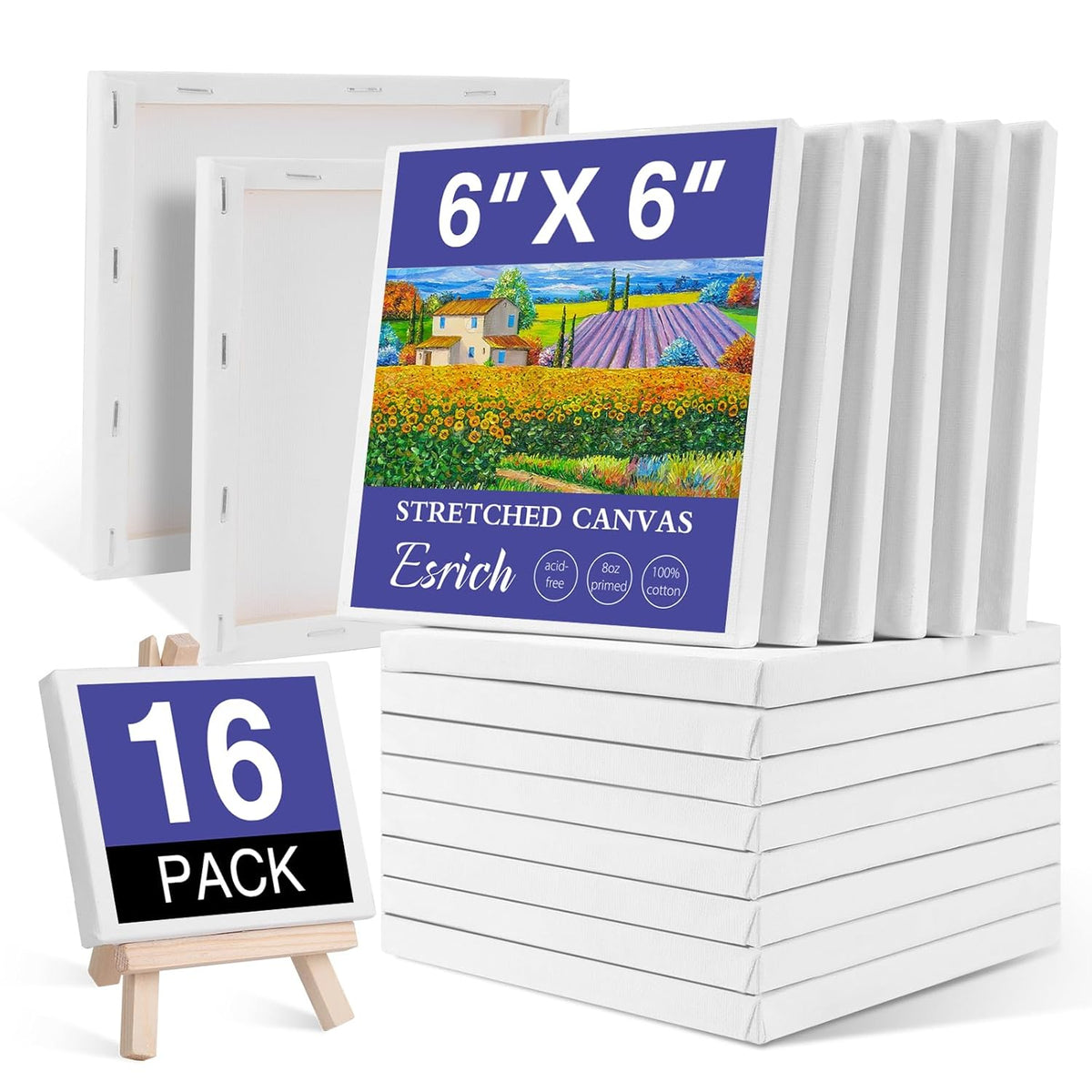 Small Stretched Canvas For Painting 6X6 Inch, 2/5''Profile Art Primed 16 Pack Canvases For Painting, Cotton Small Professional Blank Paint Canvas For Kids And Art Supplies, For Acrylics, Oils.
