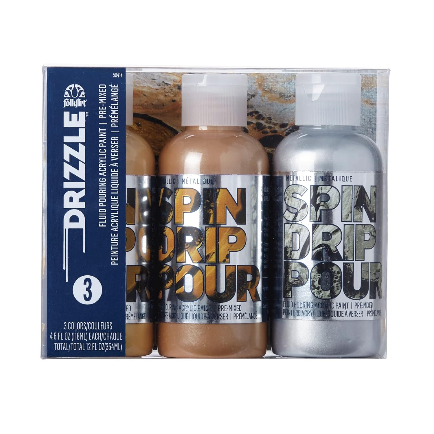 FolkArt Drizzle Metallics Pre-Mixed Acrylic Pouring Paint Set, Mad Metallics Set of 3 Premium High Gloss Finish Fluid Pouring Paints Perfect for Indoor & Outdoor Arts and Crafts Projects, 50417