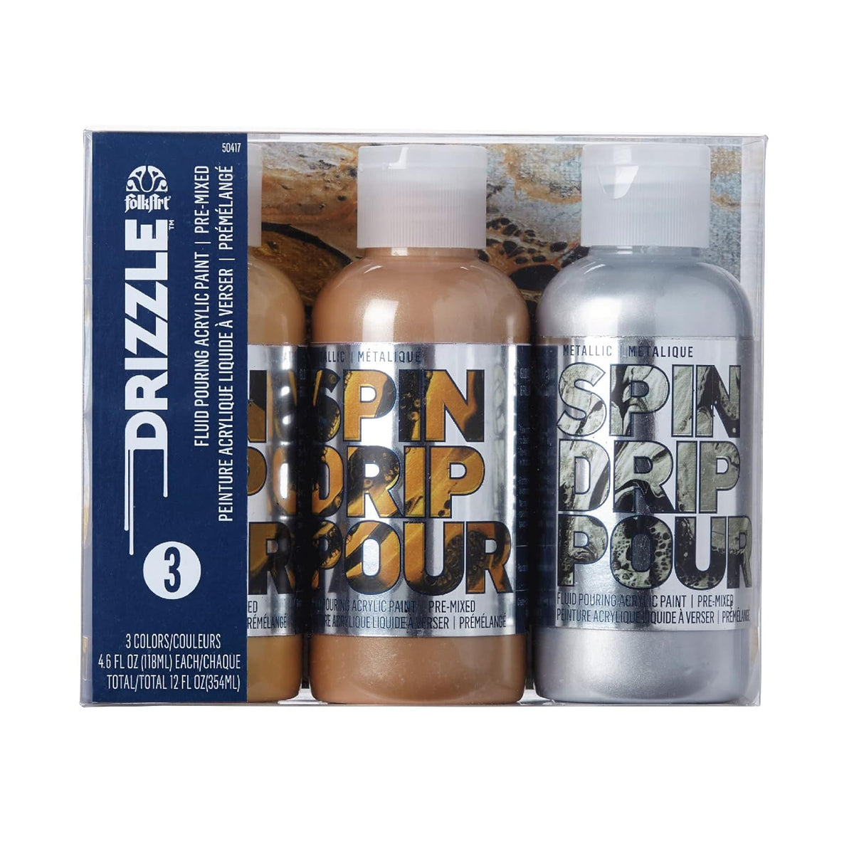 FolkArt Drizzle Metallics Pre-Mixed Acrylic Pouring Paint Set, Mad Metallics Set of 3 Premium High Gloss Finish Fluid Pouring Paints Perfect for Indoor & Outdoor Arts and Crafts Projects, 50417