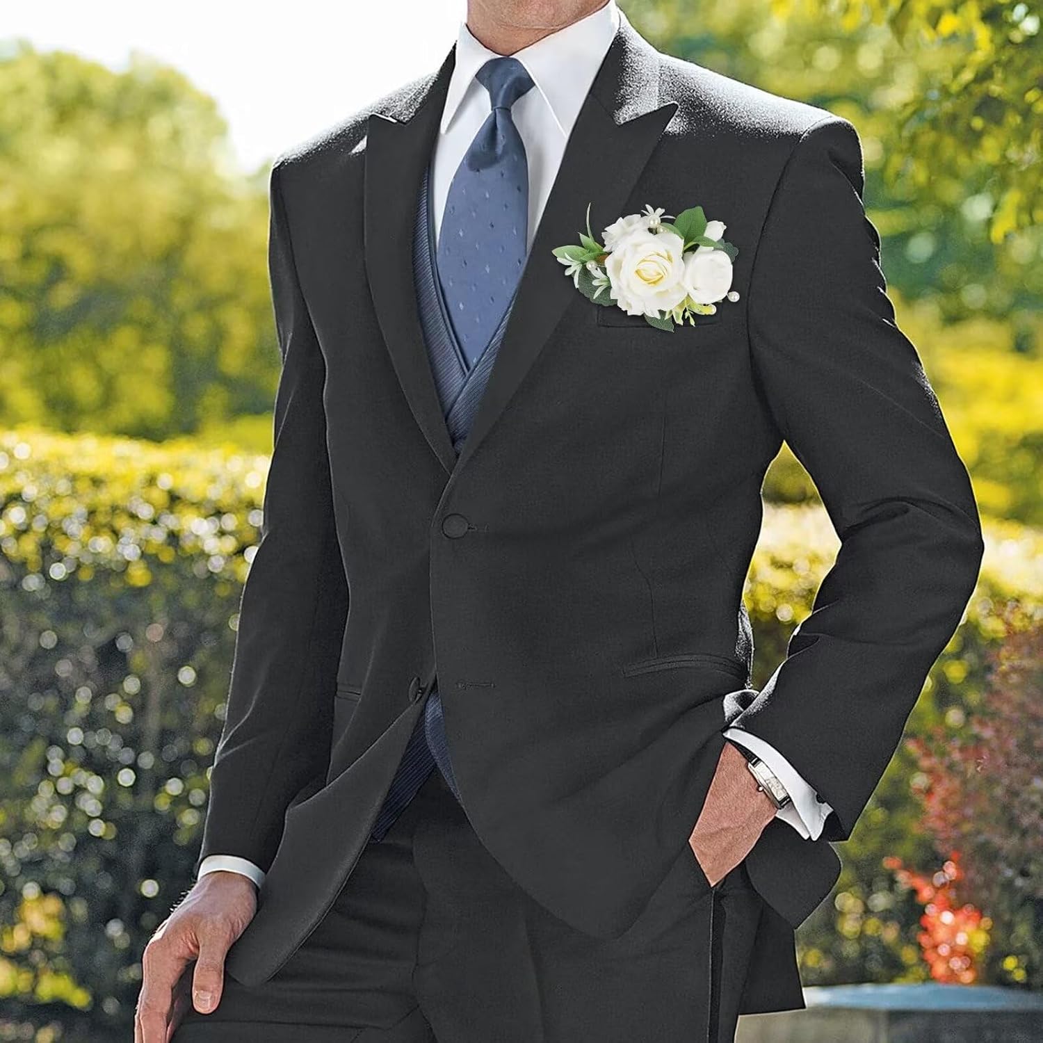 Pocket Boutonniere For Men, White Groom Boutonniere Artificial Flowers Pocket Square Boutonniere For Wedding Ceremony Anniversary, Formal Dinner Party, Prom