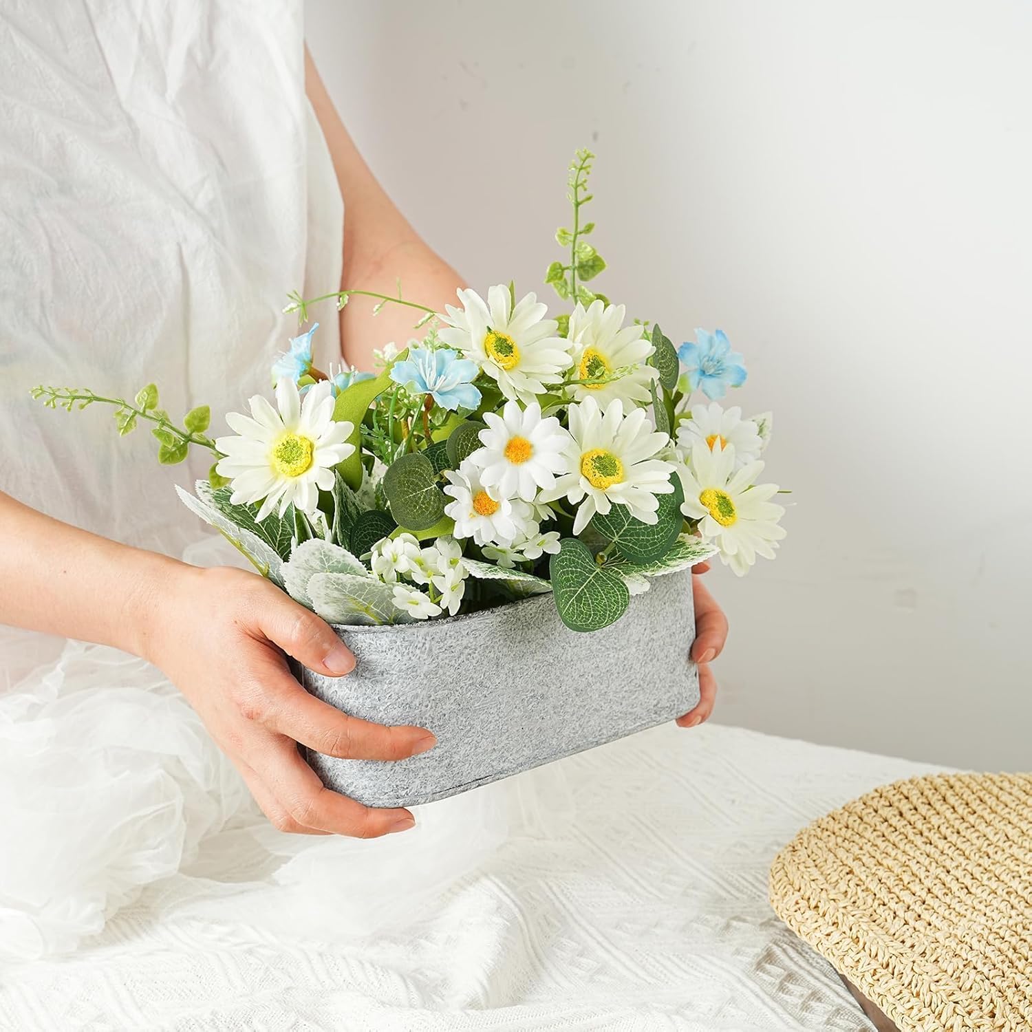 Floral Centerpieces For Tables, 12 Inch Small Artificial Flowers In Metal Pot With White Daisy Arrangement, Farmhouse Fake Potted Faux Plant For Spring Summer All Season Indoor Outdoor Decor