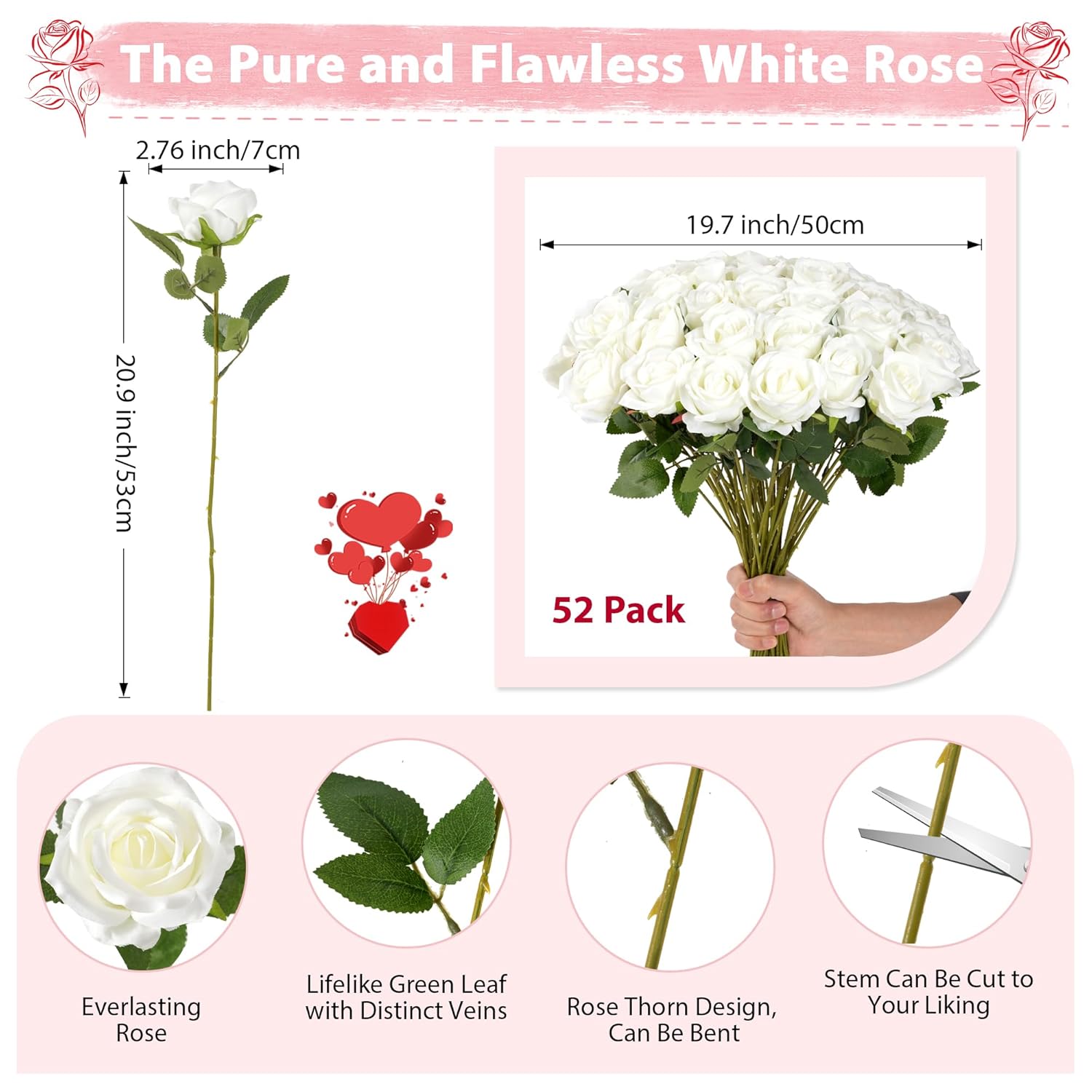 White Roses Artificial Flowers Bulk, 52Pcs Fake Roses White Flowers, Diy Silk Faux Roses Bouquet, Realistic White Faux Flowers Mohter'S Day Valentine'S Day Decor