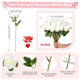 White Roses Artificial Flowers Bulk, 52Pcs Fake Roses White Flowers, Diy Silk Faux Roses Bouquet, Realistic White Faux Flowers Mohter'S Day Valentine'S Day Decor