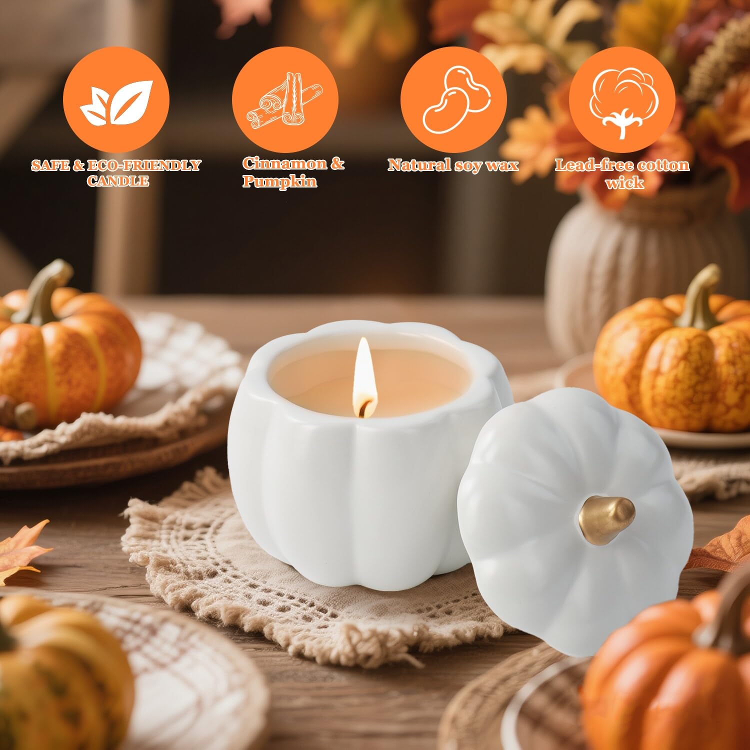 Fall Candles With Ceramic Pumpkin Jar-Pumpkin Spice Candle For Home, Autumn Pumpkin Candle Decor- Halloween Thanksgiving Gift ?White?