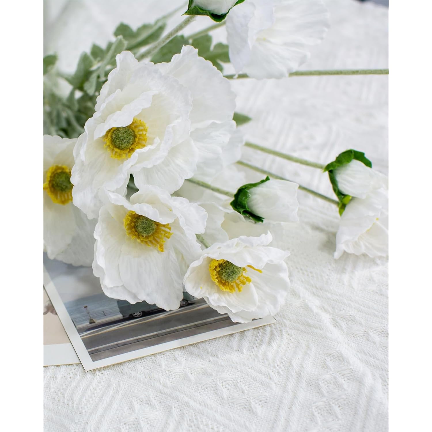 Elegant White Poppies, 5-Stem Artificial Flowers In Vase - Realistic Faux Decor For Home & Wedding, Thoughtful Gift For Holiday & Memorial Day