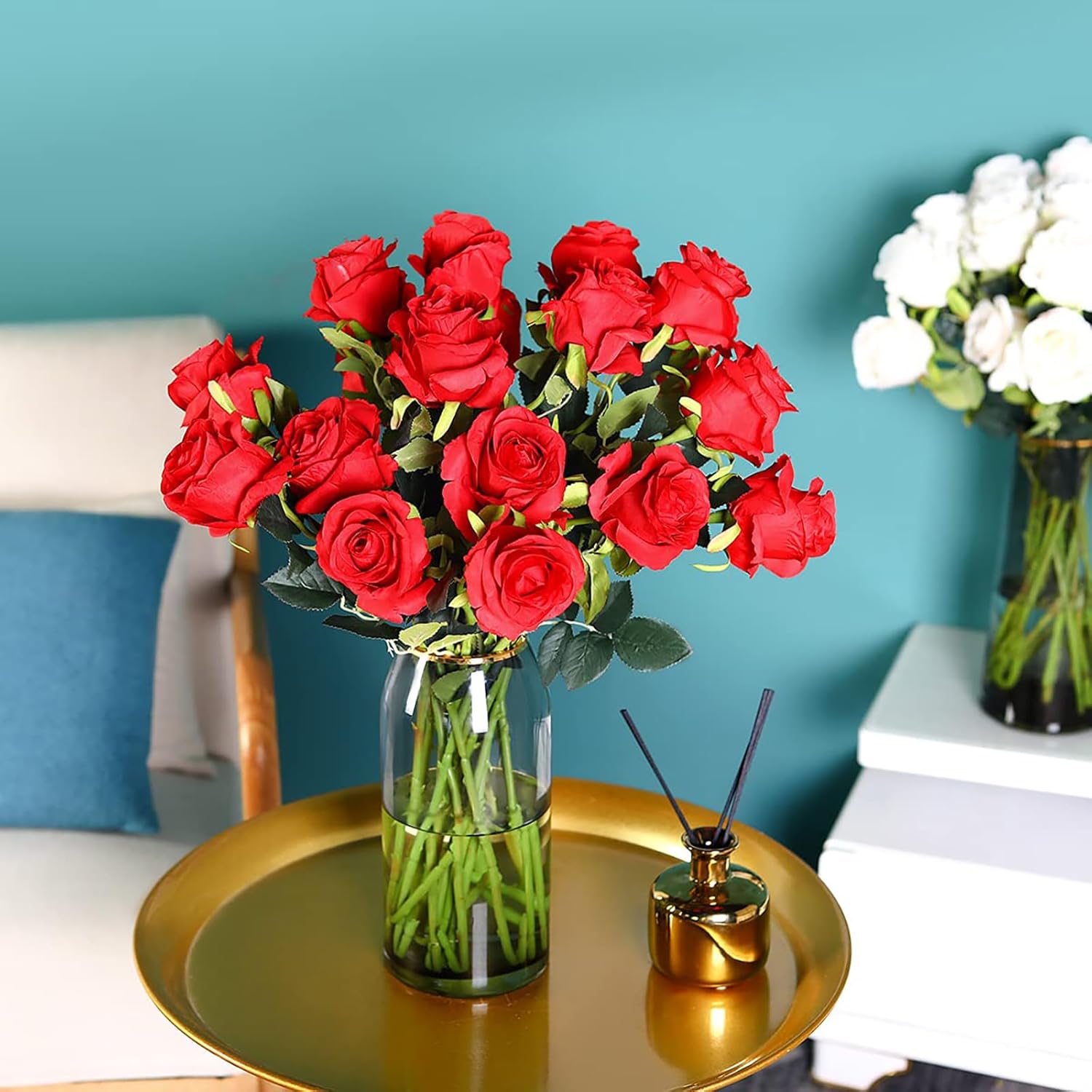 8Pcs Red Roses Artificial Flowers Realistic Long Stem Fake Roses Bouquet, Faux Silk Flowers For Diy Bouquets Wedding Centerpieces Arrangements Home Party Decor
