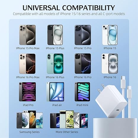 2 Pack 20W USB C Fast Wall Charger with 10FT Woven USB C Cable for iPhone 17 16 15 iPad