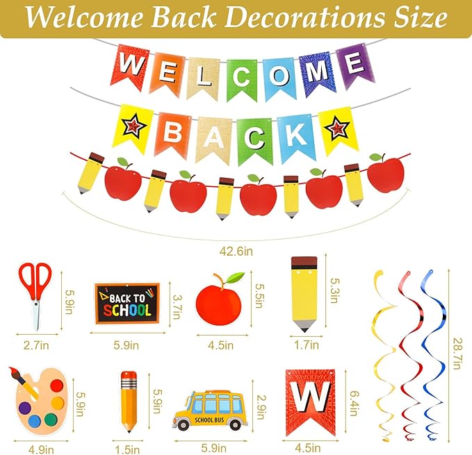 Back To School Decorations First Day Of School Bannner Apple Pencil Garland And Hanging Swirls Welcome Back To School Decor Supplies For School Party Favors