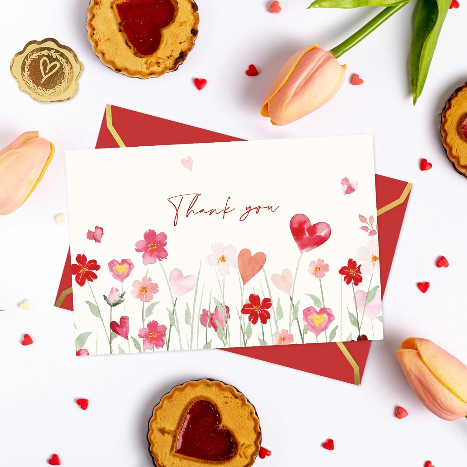 24 Pack Valentine'S Day Thank You Cards With Envelope Stickers Watercolor Floral Heart Greeting Cards Red Pink Flower Blank Note Card For Wedding Bridal Shower, 4 X 6 Inch