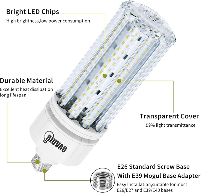 2 Pack 100W LED Corn Light Bulbs E26 E39 Base 5000K Daylight 15000 Lumens 1000W Equivalent Waterproof