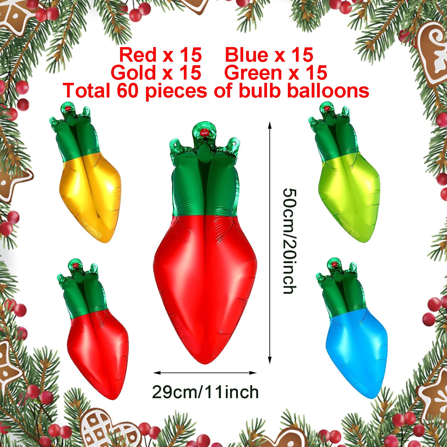 60 Pcs Christmas Balloons - Xmas Light Bulb Foil Balloons In Red, Blue, Gold, Green For Christmas Party Decorations
