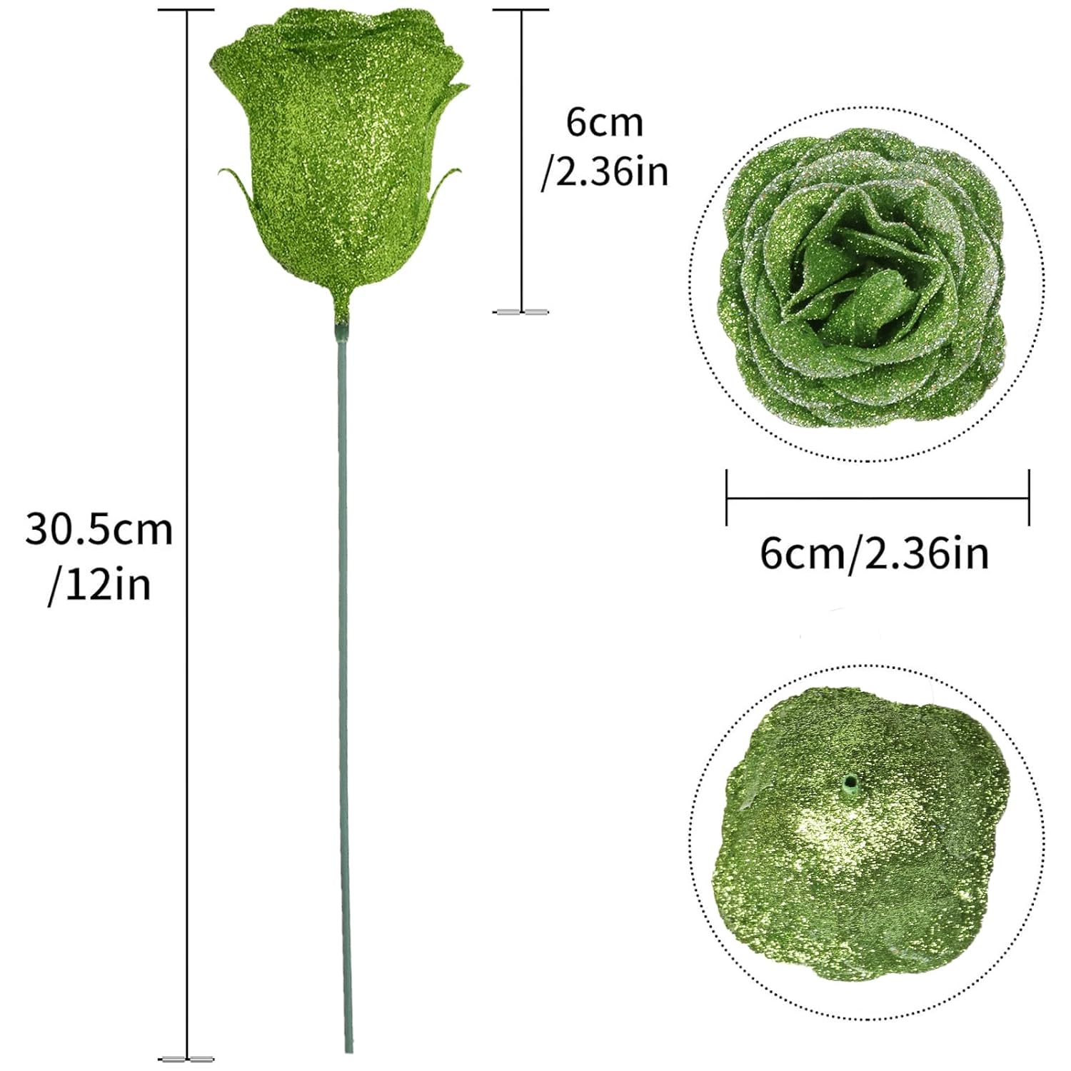 Artificial Roses With Stems,30Pcs Green Glitter Roses Silk Roses Artificial Flowers For Crafts Wedding Bouquet Home Decoration(Green)