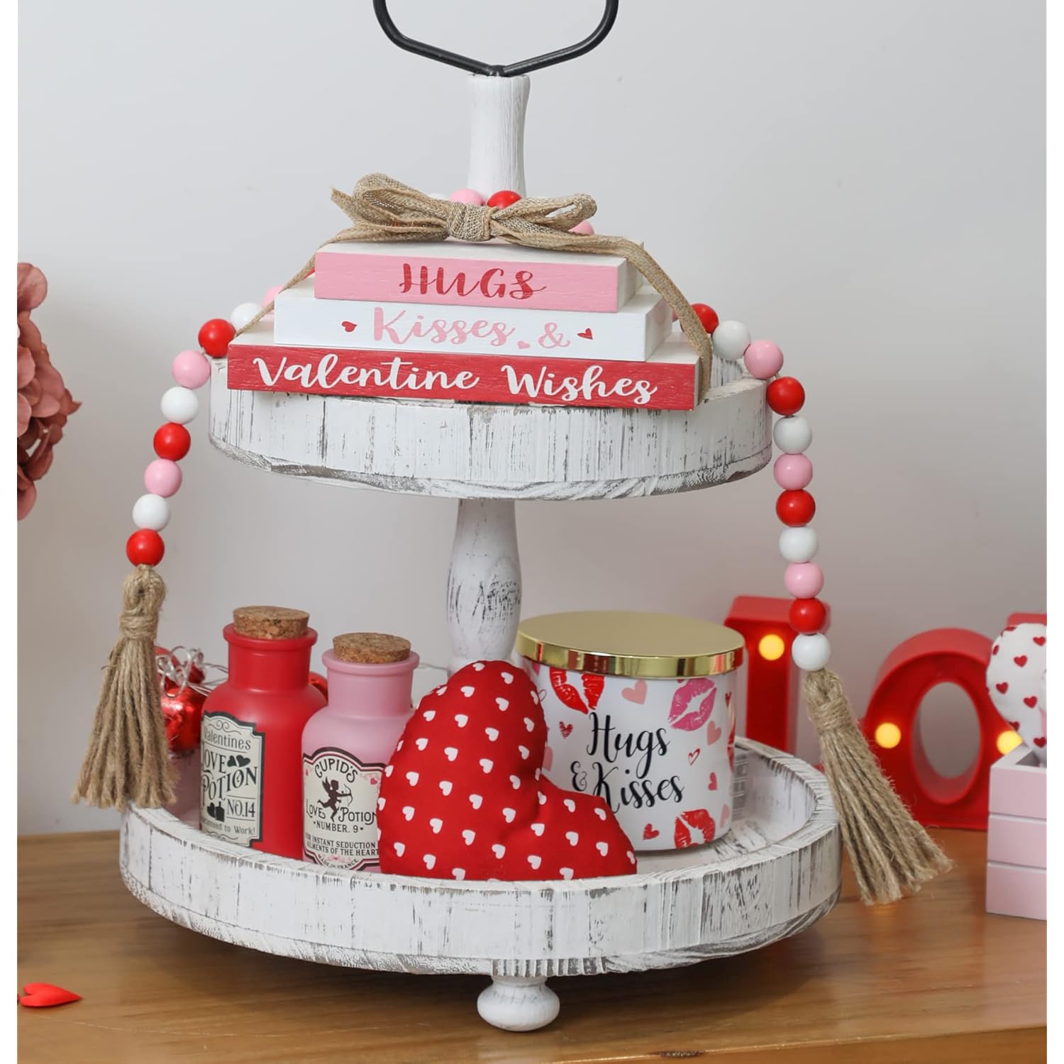 Valentine'S Day Tiered Tray Decor - Reversible Wooden Books Stack - Mini Faux Book Decor - Farmhouse Table Decor Bundle - Shamrock Faux Bundle - Valentine Decor For Home