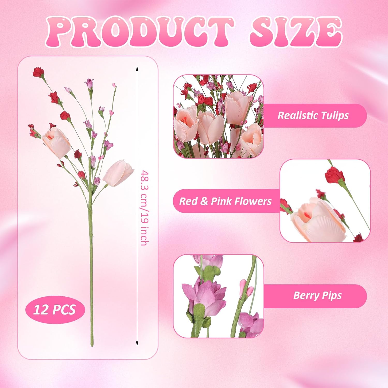 Valentines Day Decorations 12 Pack 19'' Artificial Tulip Picks With Red And Pink Flowers For Valentines Centerpieces Decor Wedding Anniversary Party Gifts