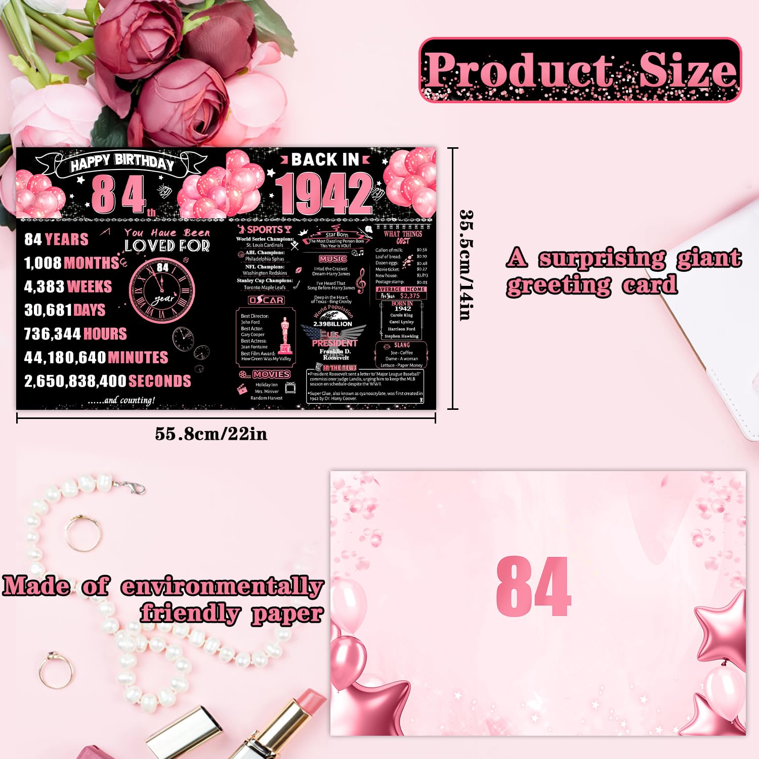 84Th Jumbo Birthday Card With Envelope, Black Pink Retro Birthday Decorations For Women And Men, 84 Year Old Funny Birthday Gifts For Grandma And Grandpa, Back In 1942