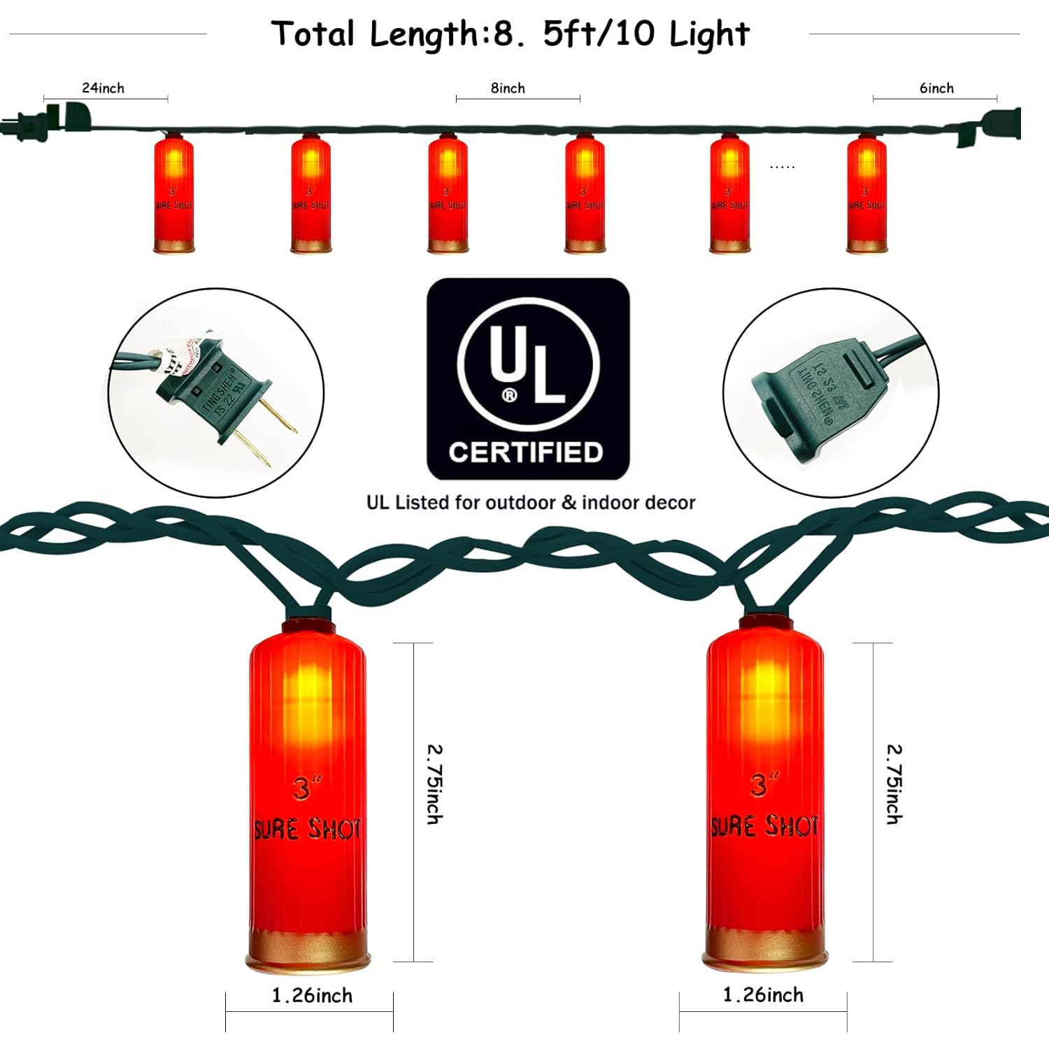 8.5Ft Led Shotgun Shell String Light, 8.5Ft Outdoor Red Bullet Shaped Light With 10 Led 3D Bullets Lights, Connectable C