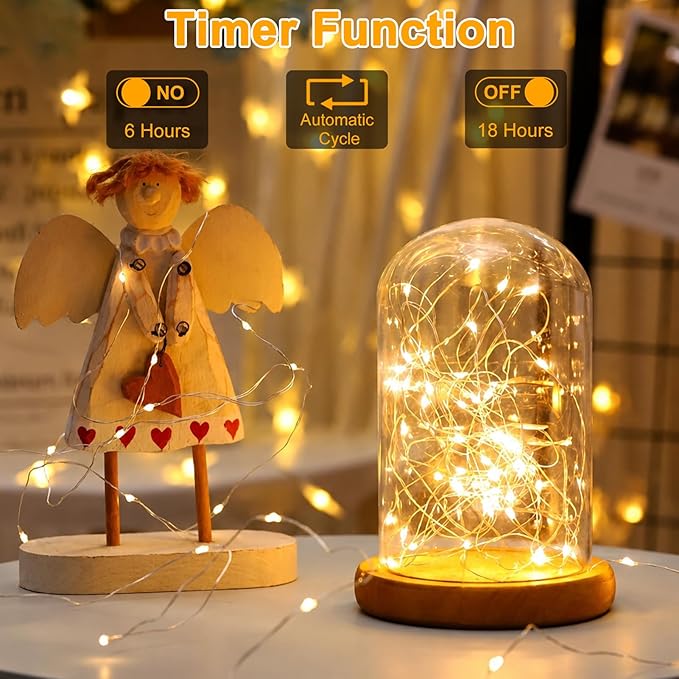 2 Pack Battery Operated Fairy Lights 66FT 200 LED Warm White Silver Wire Twinkle String Lights with 8 Modes Timer for Bedroom Wedding Christmas Decor