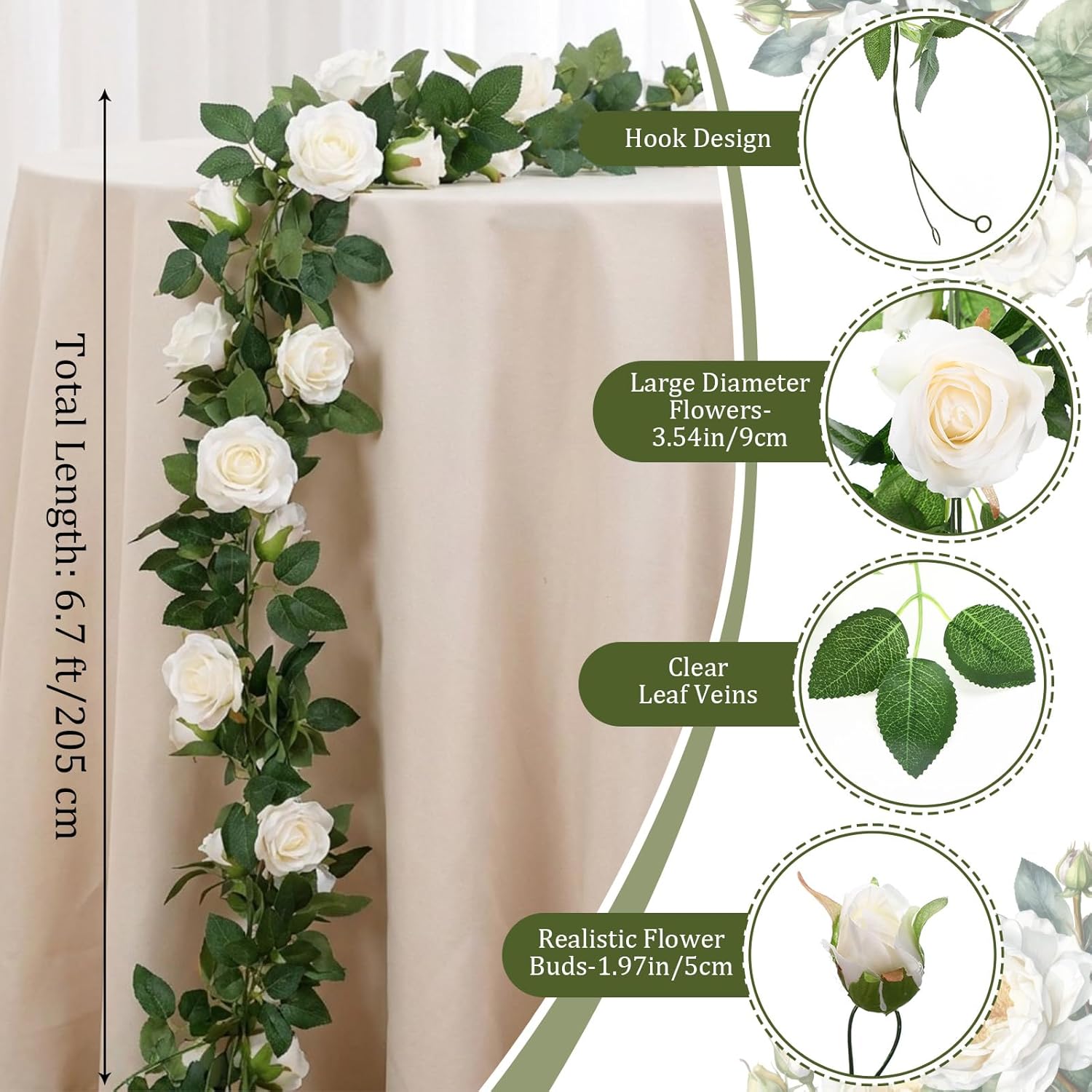 8 Pcs 54 Ft White Flower Garland Artificial Rose Vine Fake Flower Garland Fake Silk Rose Hanging Vine For Wedding Party Background Table Centerpieces Arch Garden Background Outdoor Wall Decor
