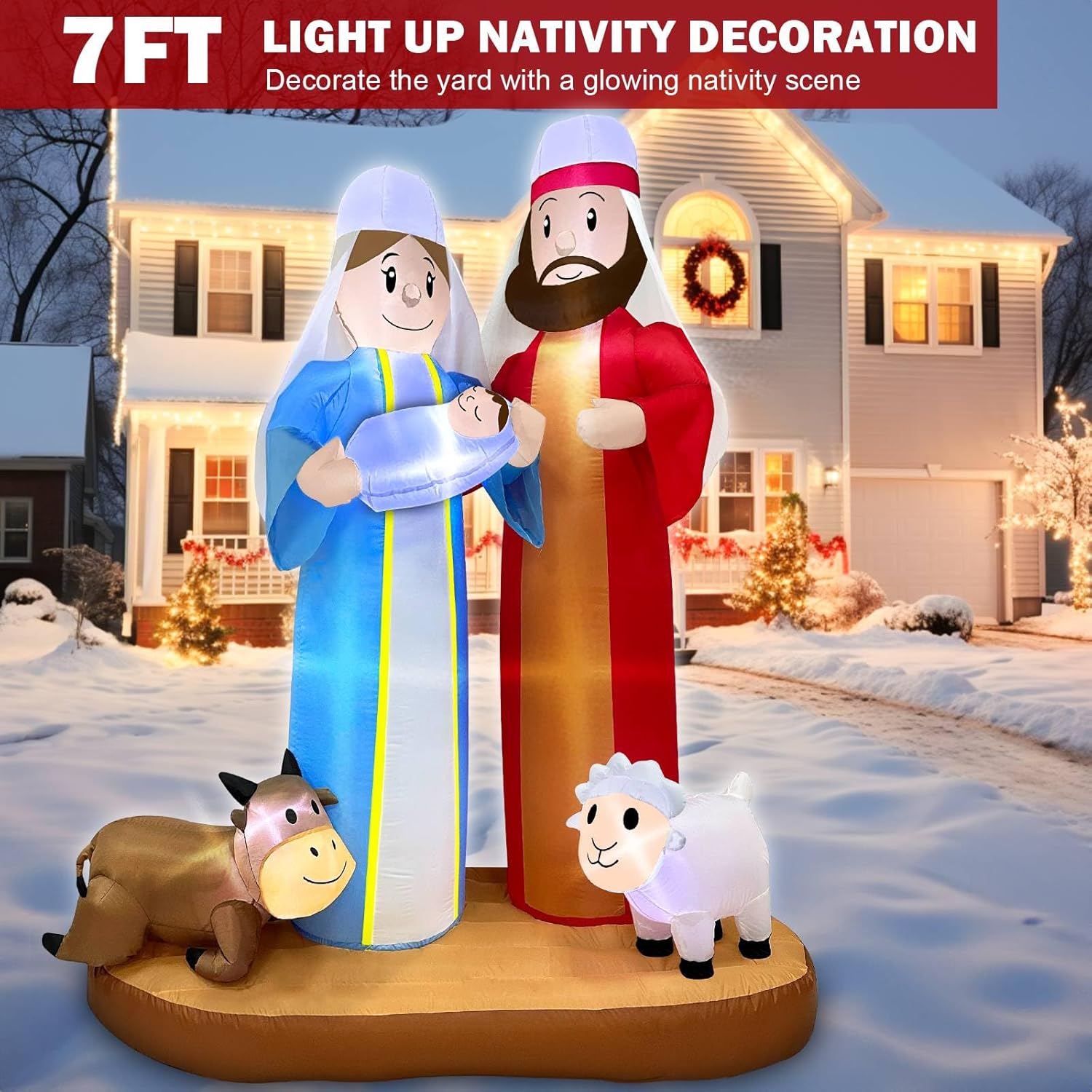7 Ft Tall 5.7 Ft Long Christmas Inflatables Nativity Scene Outdoor Decorations, Christmas Blow Up Jesus Manger Set With