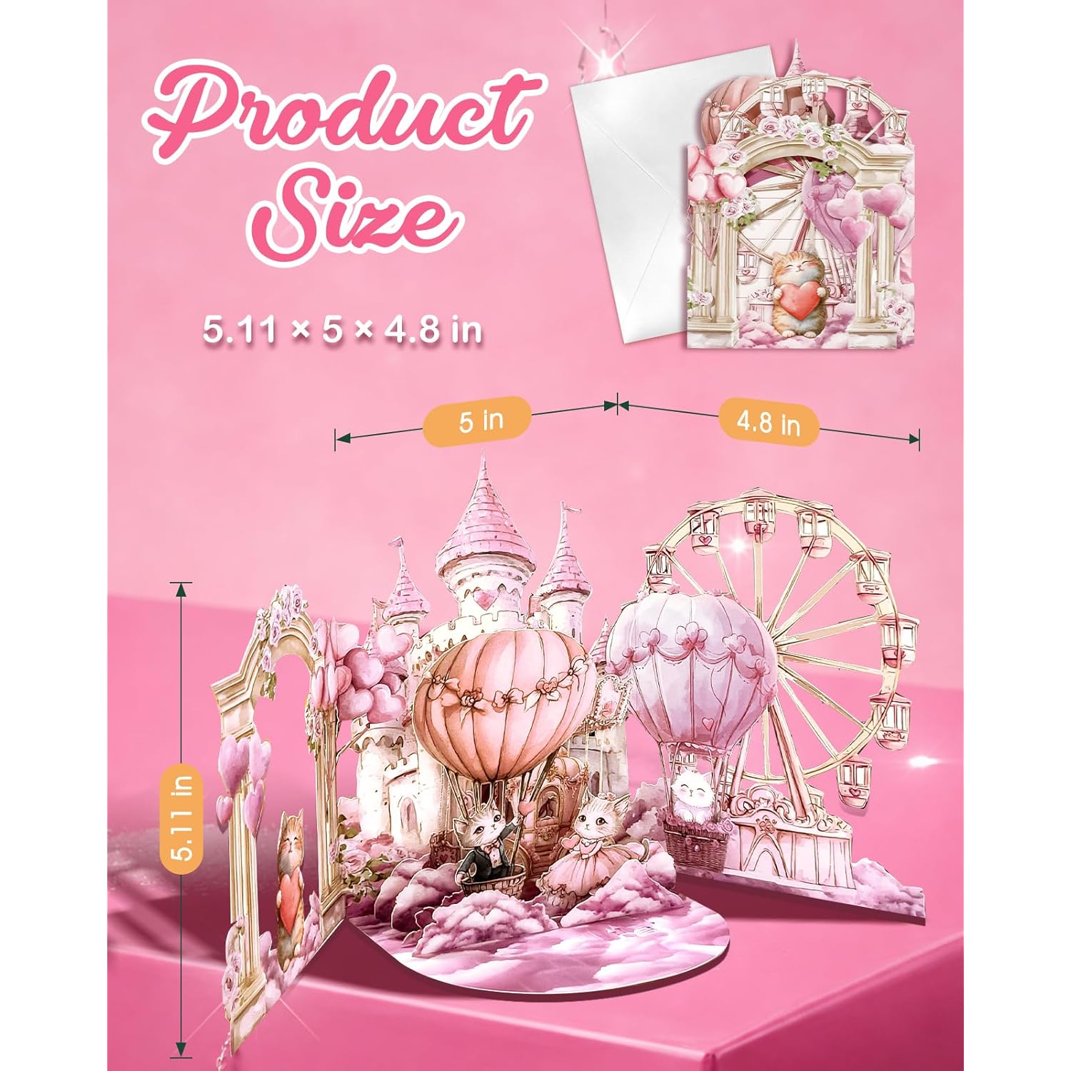 Pink Couple Cats Pop Up Card - 3D Castle Cute Funny Valentine’S Day Card For Her, Romantic Lovely Cat Gift For Kids Girls Girlfriend Wife In Anniversary Birthday Wedding All Occasion