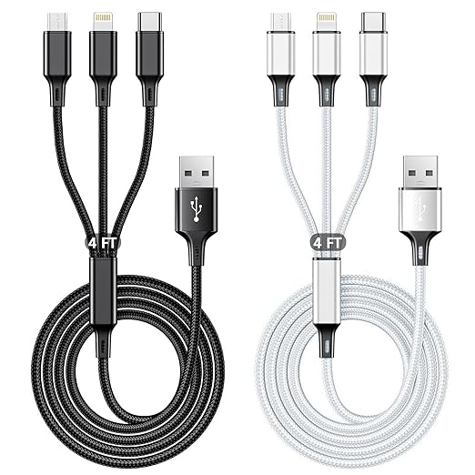 2 Pack 4FT 3 in 1 Multi USB Charging Cable 3A Fast Charger Cord for iPhone Samsung Tablets