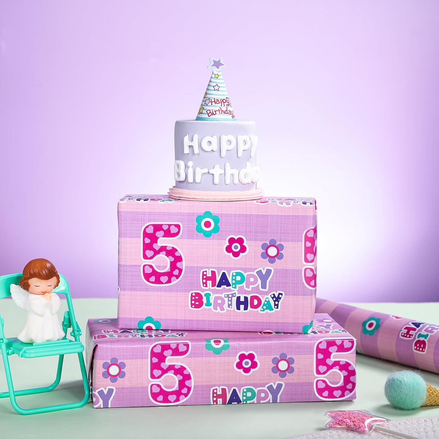5Th Birthday Wrapping Paper - Mini Roll - 17 Inch X 33 Feet - Pink Floral And Happy Birthday Wrapping Paper For Girls, Party, Holiday