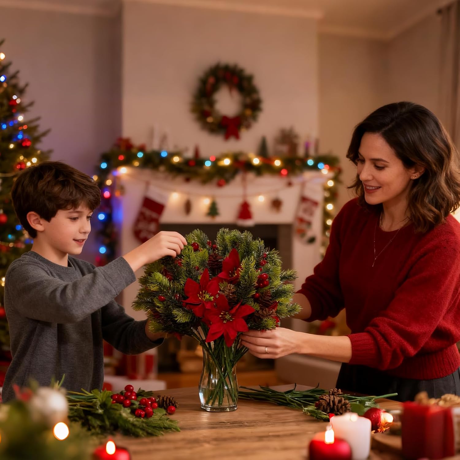 8Pcs Artificial Flowers Bouquet Christmas Floral Poinsettia Pine Cones Red Berry Picks Stems Holly Holiday For Xmas Tree Party Decoration Diy Indoor Table Centerpieces