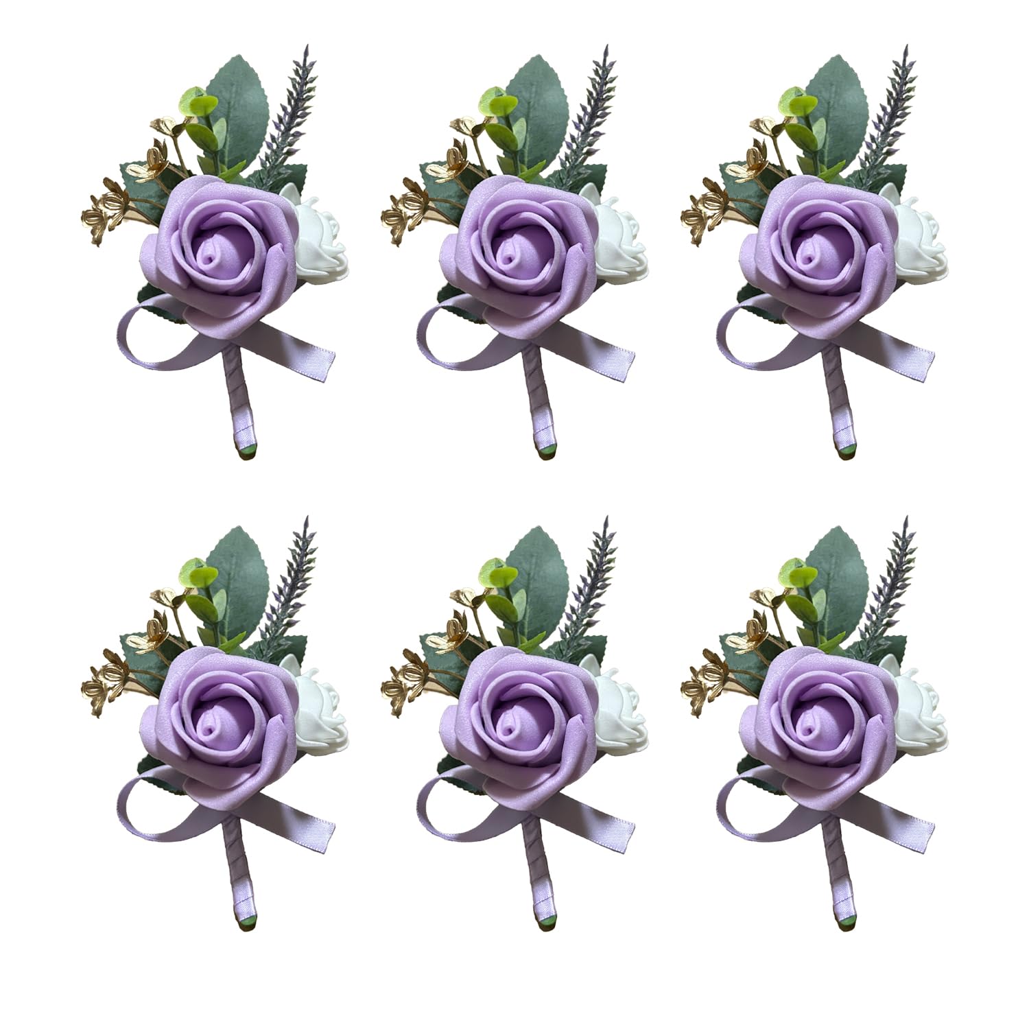 6Pcs Purple Lavender Boutonniere For Men, Lilac Boutonniere Pins For Men Groomsmen Guest Boutonniere, Artificial Flowers For Wedding Decor Prom Homecoming