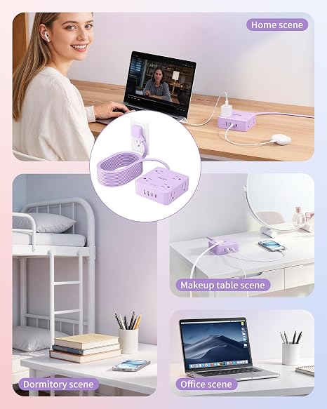Purple 10FT Flat Plug Power Strip with 8 Outlets and USB Ports for Home Office