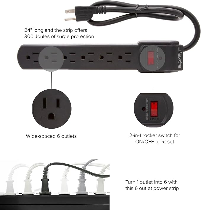4 Pack 6 Outlet Surge Protector Power Strip 300 Joules with On Off Switch Black