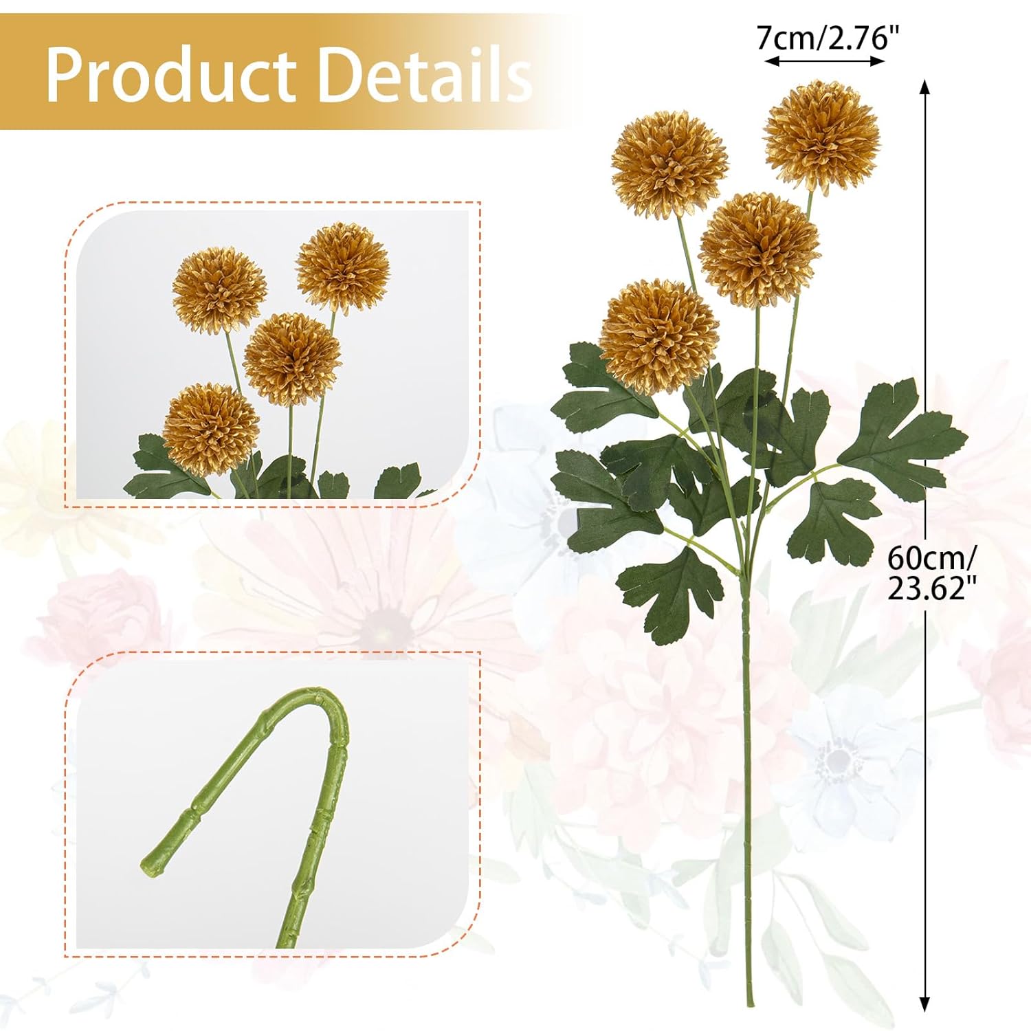23 Inch Tall Chrysanthemum Fake Mums Flowers For Decoration Rustic Flowers Artificial Chrysanthemum Flower Arrangement For Home Office Wedding Table Decor- Fake Gold Flowers Faux Mum 4 Pack