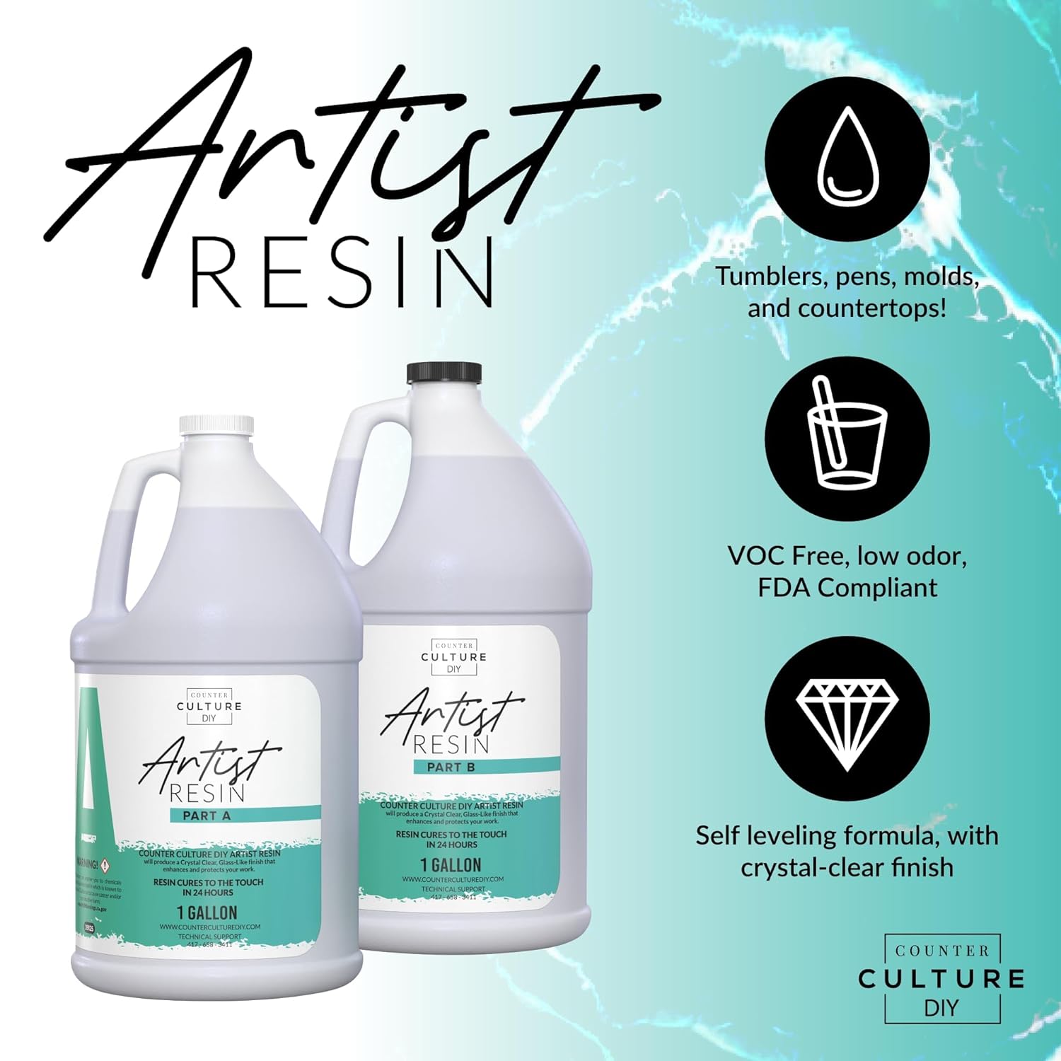 Clear Artist Resin, 32 Oz Kit, Art Epoxy Supplies For Metallic Stains Acrylic 100% Solids Easy Coat No Vocs Scratch Uv Heat Resistant To 500 Degrees