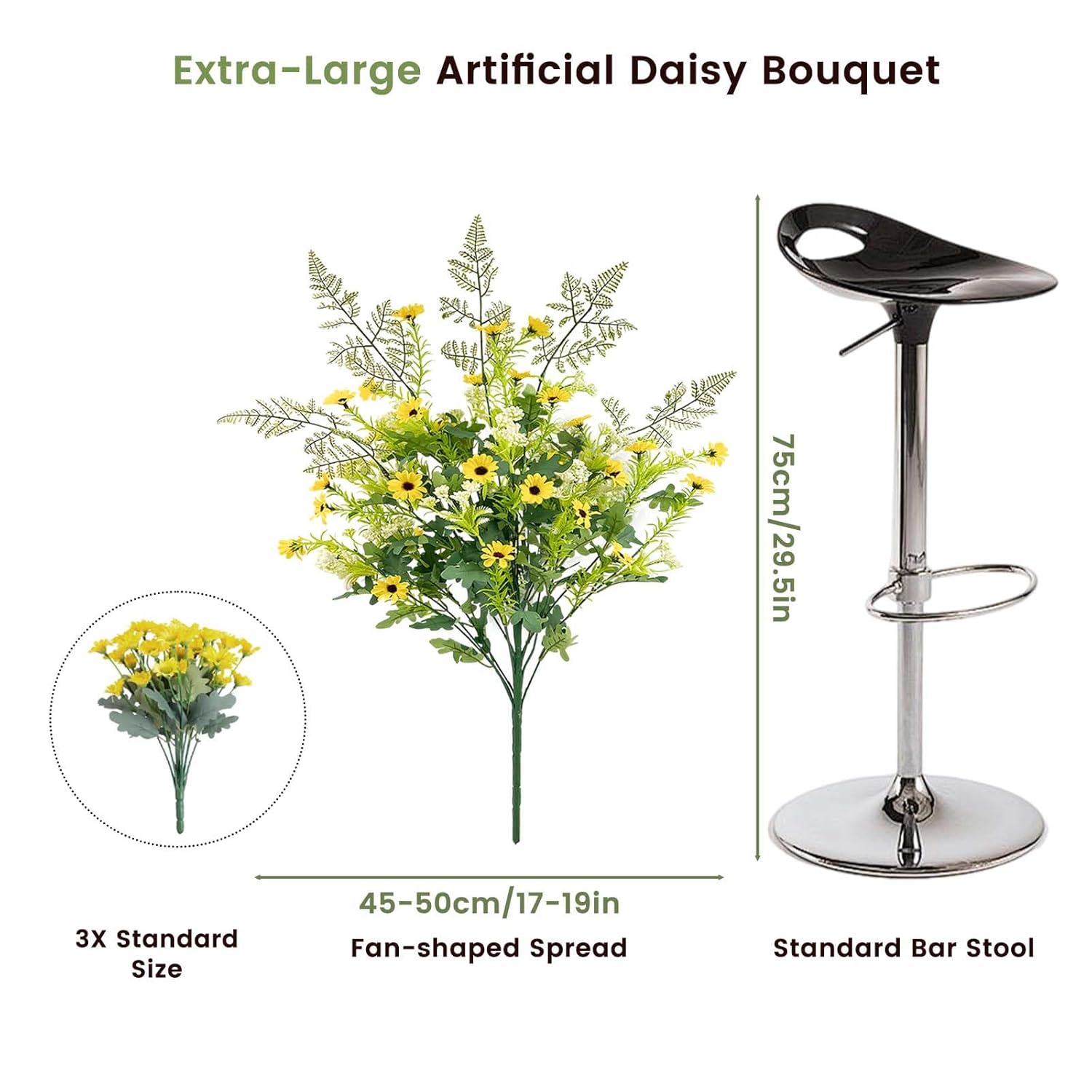 75Cm Extra Large Artificial Daisy Flowers Bouquet - Yellow Silk Daisies With Stems,Fan-Shaped Outdoor Fake Wild Flowers,Hanging Plant For Vases/Graves/Farmhouse Decorations