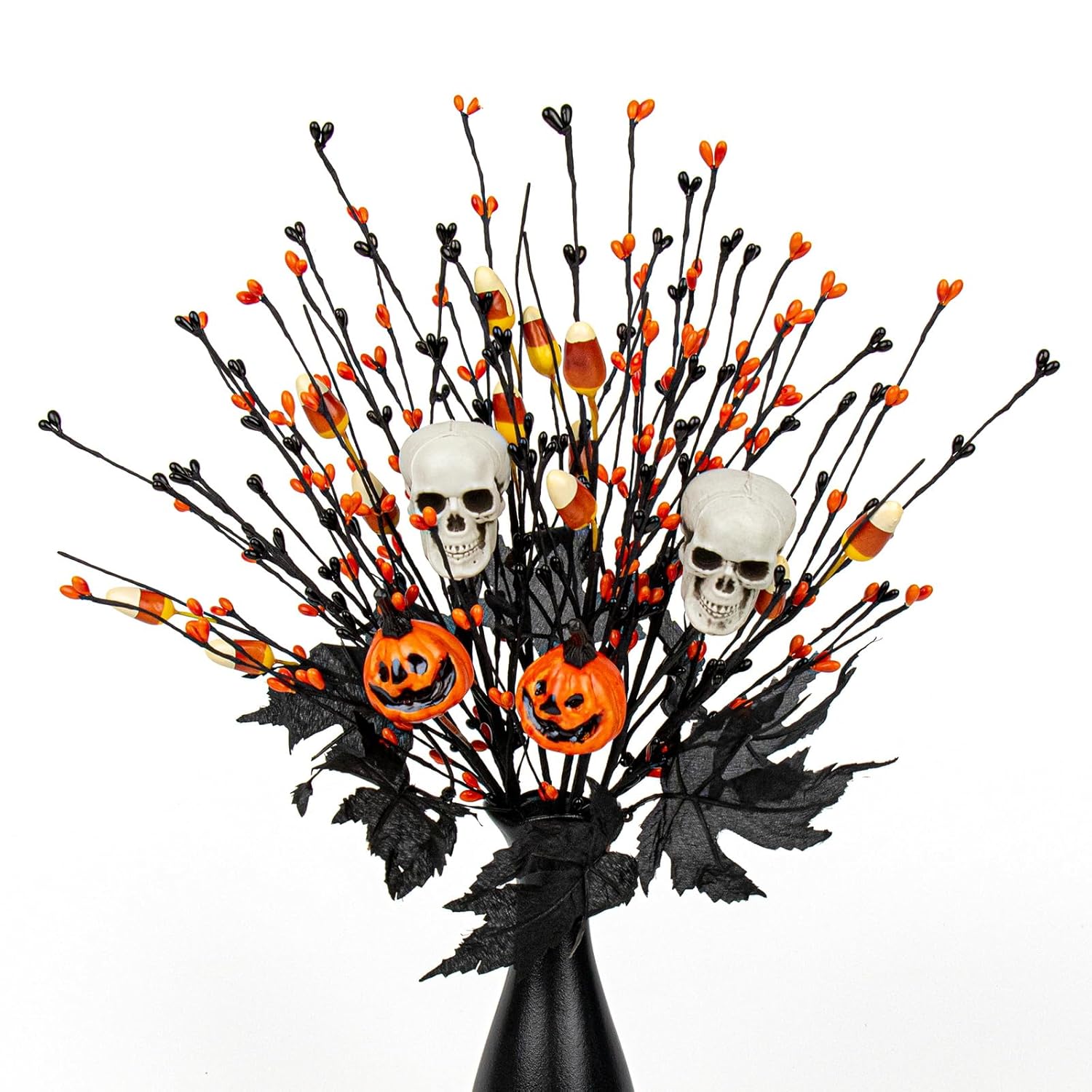 10 Pack Halloween Decorative Branches – 2 Skull Head & 2 Jack-O'-Lantern Stems With Black Maple Leaves, 6 Berry Stems With Halloween Candy – 17 Inch Spooky Centerpieces For Party Decor