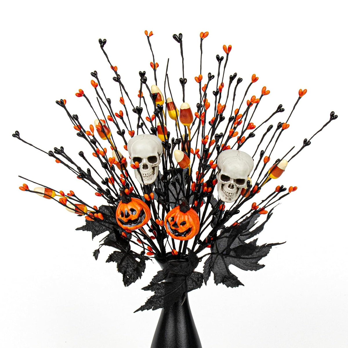 10 Pack Halloween Decorative Branches – 2 Skull Head & 2 Jack-O'-Lantern Stems With Black Maple Leaves, 6 Berry Stems With Halloween Candy – 17 Inch Spooky Centerpieces For Party Decor