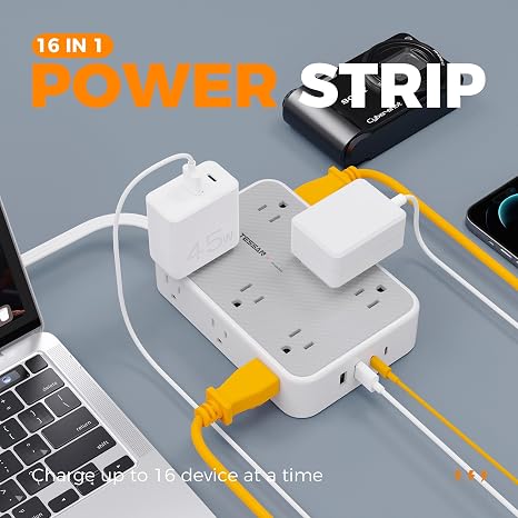 12 Outlet Surge Protector Power Strip 4 USB Ports 5FT Flat Plug Extension Cord 1800J