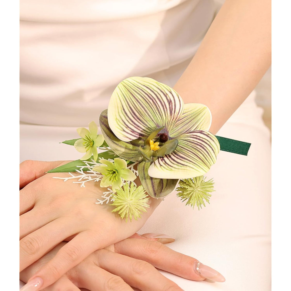 Flower Wrist Corsage Wedding Bridal Prom Artificial Moth Orchid Ribbon Wristlet Bridesmaid Hand Decor Wristband For Homecoming Ceremony Party (Orchid - Green)