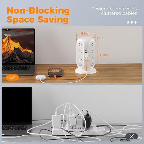 Tower Surge Protector Power Strip with 12 Outlets 5 USB Ports 2 USB C 10FT Extension Cord