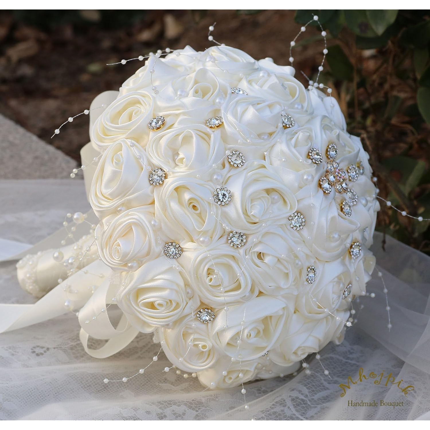 Bridal Wedding Bouquet Round Bling Brooch Bouquet Throw Toss Artificial Rose Flower Bunch For Bride Bridesmaid Wedding Quinceanera(Ivory, 7.5")